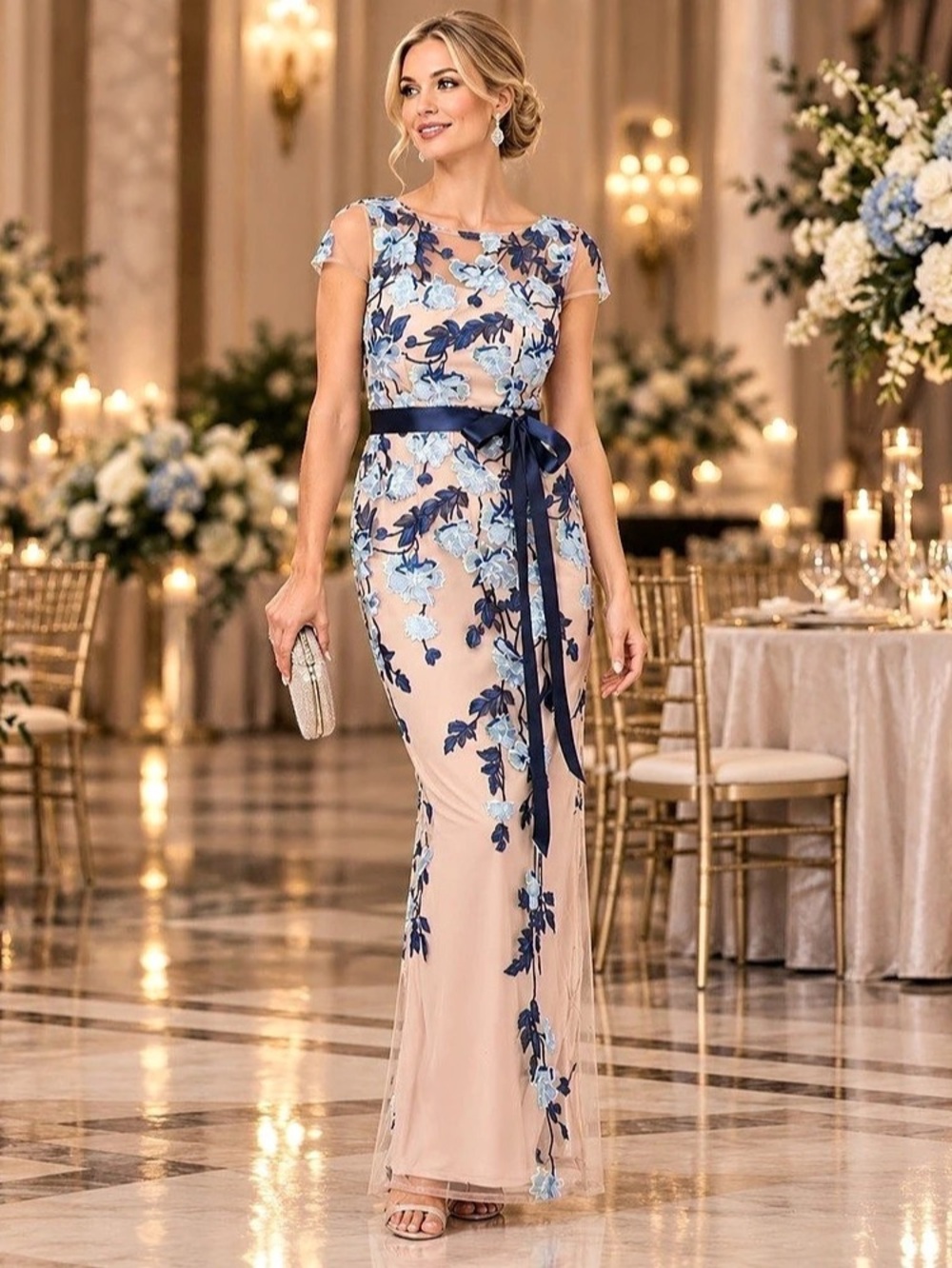 Adrianna Papell Blue Floral Embroidered Evening Gown – Size 8